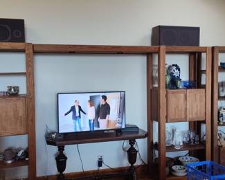 Oak Wood Entertainment Center with Hutch and Speakers