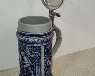 Gerz Cobalt Blue Relief Decorated German Beer Stein with Pewter Lid