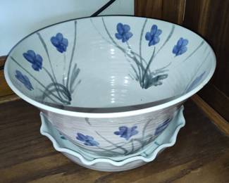 Japanese Ceramic Serving Bowl with Blue Floral Motif and Scalloped Underplate
