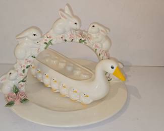 Vintage Ceramic Duck and Ducklings Egg Holder with Bunnies and Blossoms