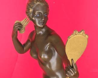Art Deco Bronze Figurine of a Woman with Mirror and Comb, Signed 'F. Zaldivar'