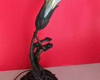 Art Nouveau Nymph and Calla Lily Table Lamp by Gustav Gurschner