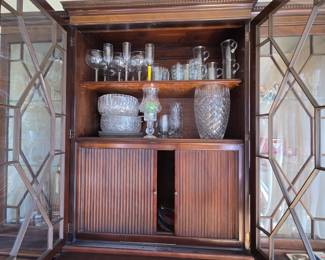 Antique Mahogany Breakfront Display Cabinet with Glass Doors and Drawers