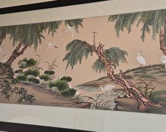 Asian Style Landscape Painting with Egrets and Lotus