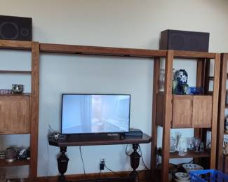 Oak Wood Entertainment Center with Hutch and Speakers