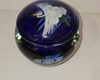 Daniel Salazar Lundberg Studios Art Glass Paperweight and Box Set - White Crane and Iris