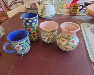Sandy Kreyer Hand-Painted Ceramic Mug and Vases Set