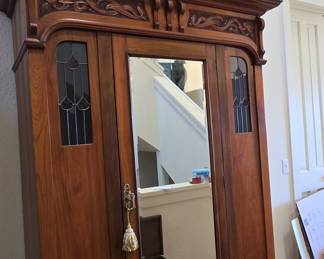 Victorian Walnut Armoire with Stained Glass