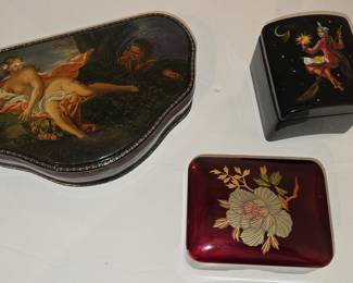Set of Three Decorative Lacquer Boxes: Russian Palekh, Novelty Witch, and Japanese Floral
