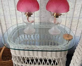 Wicker and glass side table.  Pair of mantle lamps