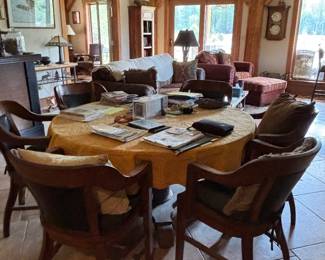 Oak round table, 4 round back studded chairs