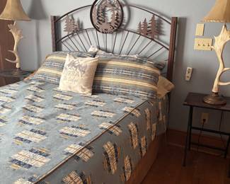 Iron queen bed and mattress, Resin Antler lamps