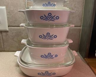 F52 - $65. Corningware Cornflower Blue Lot. Petite Pan (no lid), 1 qt. w/ lid, 1.5 qt w/ lid, 1.75 qt w/ lid, 10" w/ lid, Coffee Pot, Roaster, (One lid has a chip)
