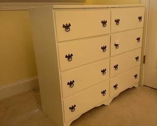 F77 - $30. White Dresser. Wooden/ Plywood. All drawer slide. Measures 41.5" x 14.5" x 36" tall.