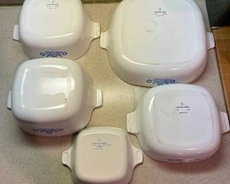F52 - $65. Corningware Cornflower Blue Lot. Petite Pan (no lid), 1 qt. w/ lid, 1.5 qt w/ lid, 1.75 qt w/ lid, 10" w/ lid, Coffee Pot, Roaster, (One lid has a chip)