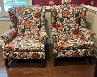 F21 - $80. PAIR of Floral Chairs from Montclair Furniture Co. Measures 28.5" x 33" deep x 39.5" tall.