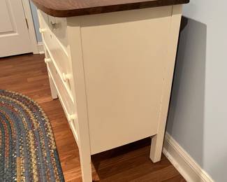 F64 - $60. Painted 4 drawer chest. Measures 38" x 19.5" x 33.25" tall. Beautiful wooden top!