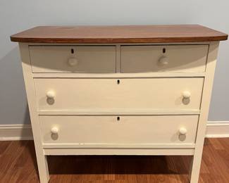 F64 - $60. Painted 4 drawer chest. Measures 38" x 19.5" x 33.25" tall. Beautiful wooden top!