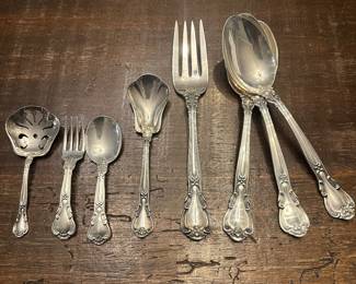 S2 - $5200. Gorham Sterling Flatware "Chantilly" No Monograms. 14 knives, 14 Salad Forks, 12 Dinner Forks, 28 Spoons, 8 Serving Pieces.