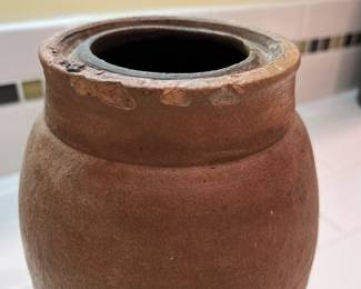 F55 - $60. Antique Canning Crock. Measures 5" x 8.5" tall.