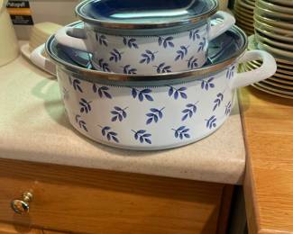 F75 - $50. Villeroy & Boch Design Switch3. Blue Bird Enamel Pots.