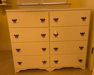 F77 - $30. White Dresser. Wooden/ Plywood. All drawer slide. Measures 41.5" x 14.5" x 36" tall.