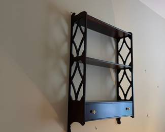 F9 - $75. Bombay & Co. Wall Shelf with Drawer. Measures 21" wide x 6" deep x 31" tall.