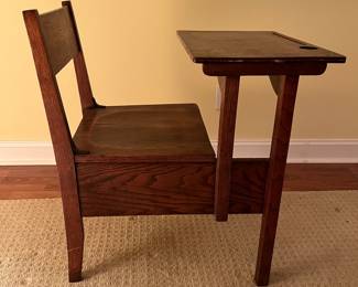 F63 - $50. Solid Wood School Desk. Measures 21" x 28.75" x 31" tall.