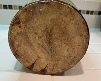 F57 - $40. Antique Stoneware Brown Jug. Measures 6.5" wide x 9.5" tall.