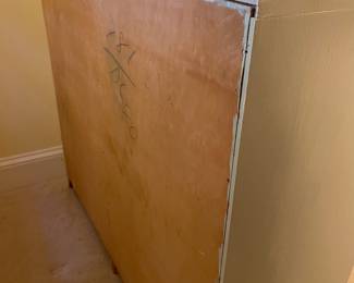 F77 - $30. White Dresser. Wooden/ Plywood. All drawer slide. Measures 41.5" x 14.5" x 36" tall.