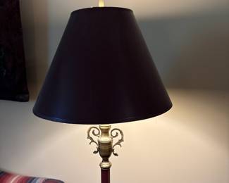 F14 - $50. Brass Floor Lamp with Maroon Shade. Measures 62" tall.