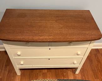 F64 - $60. Painted 4 drawer chest. Measures 38" x 19.5" x 33.25" tall. Beautiful wooden top!