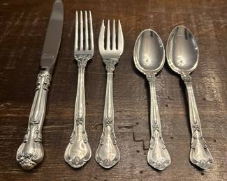 S2 - $5200. Gorham Sterling Flatware "Chantilly" No Monograms. 14 knives, 14 Salad Forks, 12 Dinner Forks, 28 Spoons, 8 Serving Pieces.