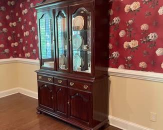 F2 - $150. Pennsylvania Classics China Cabinet. Mirror has a crack in the top right (easily hidden by a plate). Otherwise very good condition. Measures 54" wide x 18" deep x 90" tall.