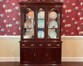 F2 - $150. Pennsylvania Classics China Cabinet. Mirror has a crack in the top right (easily hidden by a plate). Otherwise very good condition. Measures 54" wide x 18" deep x 90" tall.