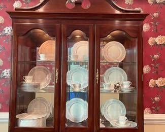 F2 - $150. Pennsylvania Classics China Cabinet. Mirror has a crack in the top right (easily hidden by a plate). Otherwise very good condition. Measures 54" wide x 18" deep x 90" tall.