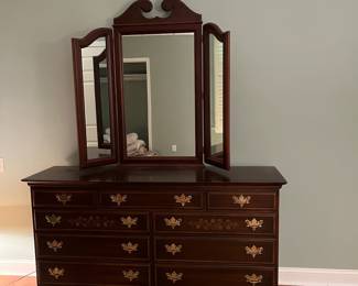 F60 - $425. Hitchcock Dresser with Mirror. Measures 64" wide x 18.75" deep x 35.5" tall. Mirror is 48.5" x 45" tall. 80.5" tall when Mirror is attached to dresser. Some signs of wear from age but solid and overall very good condition!