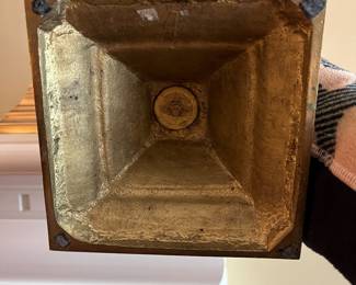 F27 - $35. Pair of *heavy* brass candlesticks. 10" & 12.25" tall.