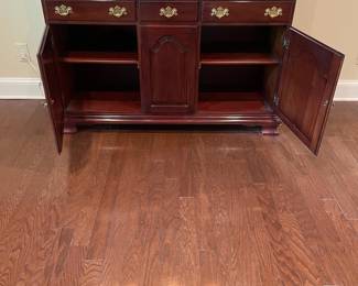 F2 - $150. Pennsylvania Classics China Cabinet. Mirror has a crack in the top right (easily hidden by a plate). Otherwise very good condition. Measures 54" wide x 18" deep x 90" tall.