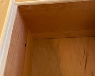 F77 - $30. White Dresser. Wooden/ Plywood. All drawer slide. Measures 41.5" x 14.5" x 36" tall.