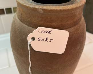 F55 - $60. Antique Canning Crock. Measures 5" x 8.5" tall.