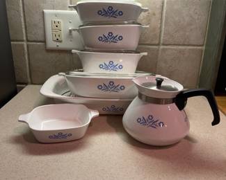 F52 - $65. Corningware Cornflower Blue Lot. Petite Pan (no lid), 1 qt. w/ lid, 1.5 qt w/ lid, 1.75 qt w/ lid, 10" w/ lid, Coffee Pot, Roaster, (One lid has a chip)