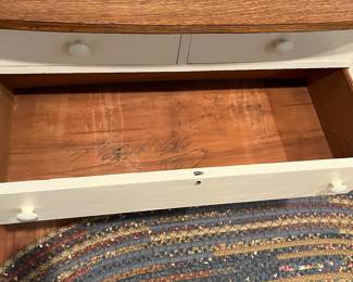 F64 - $60. Painted 4 drawer chest. Measures 38" x 19.5" x 33.25" tall. Beautiful wooden top!