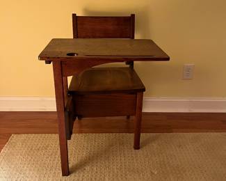 F63 - $50. Solid Wood School Desk. Measures 21" x 28.75" x 31" tall.