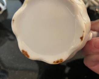 Retro antique iridescent Japanese footed tea cups, saucers, teapot, sugar pot, and creamer