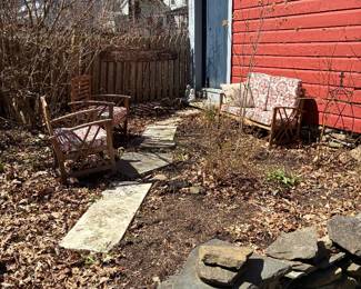 Wooden outdoor couch and 2 chairs with cushions