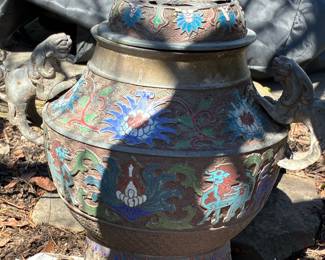 Inlaid metal pot (now garden sculpture)
