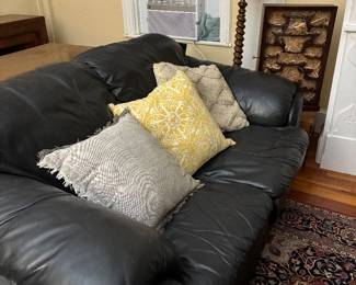 I damaged leather couch, vintage globe on corkscrew wood base. Beautiful Chinese lacquered collection displayed box