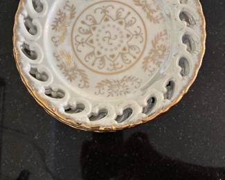 Retro antique iridescent Japanese footed tea cups, saucers, teapot, sugar pot, and creamer