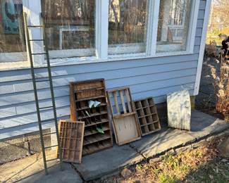 Various wooden objects; metal water basin